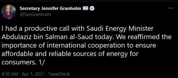 تغريدة وزيرة الطاقة الأمريكية1