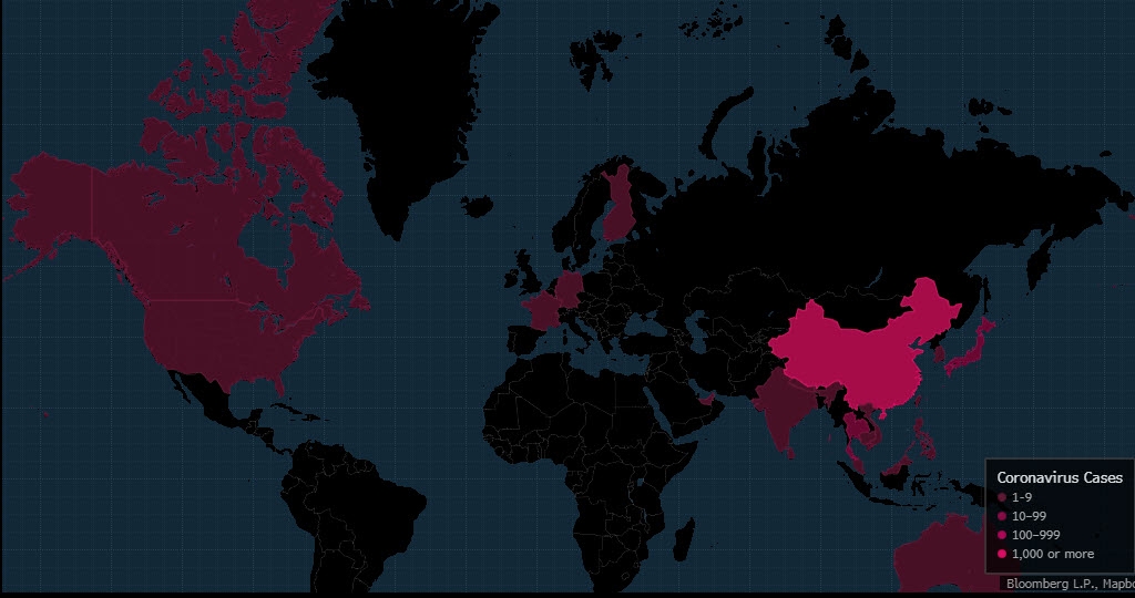 توضيح لإنتشار فيروس كورنا حول العالم وفقاً لخرطة بلومبرج
