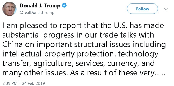 الرئيس الأمريكي يغرد على تويتير تفاؤله بتحقيق المكاسب بالمحادثات التجارية وتأجيله التعريفات المقررة في 1 مارس