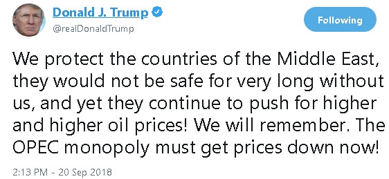 تهديد الرئيس الأمريكي لدول الشرق الأوسط بخفض أسعار النفط على أساس أن الولايات المتحدة هي الحامي لأمنهم.